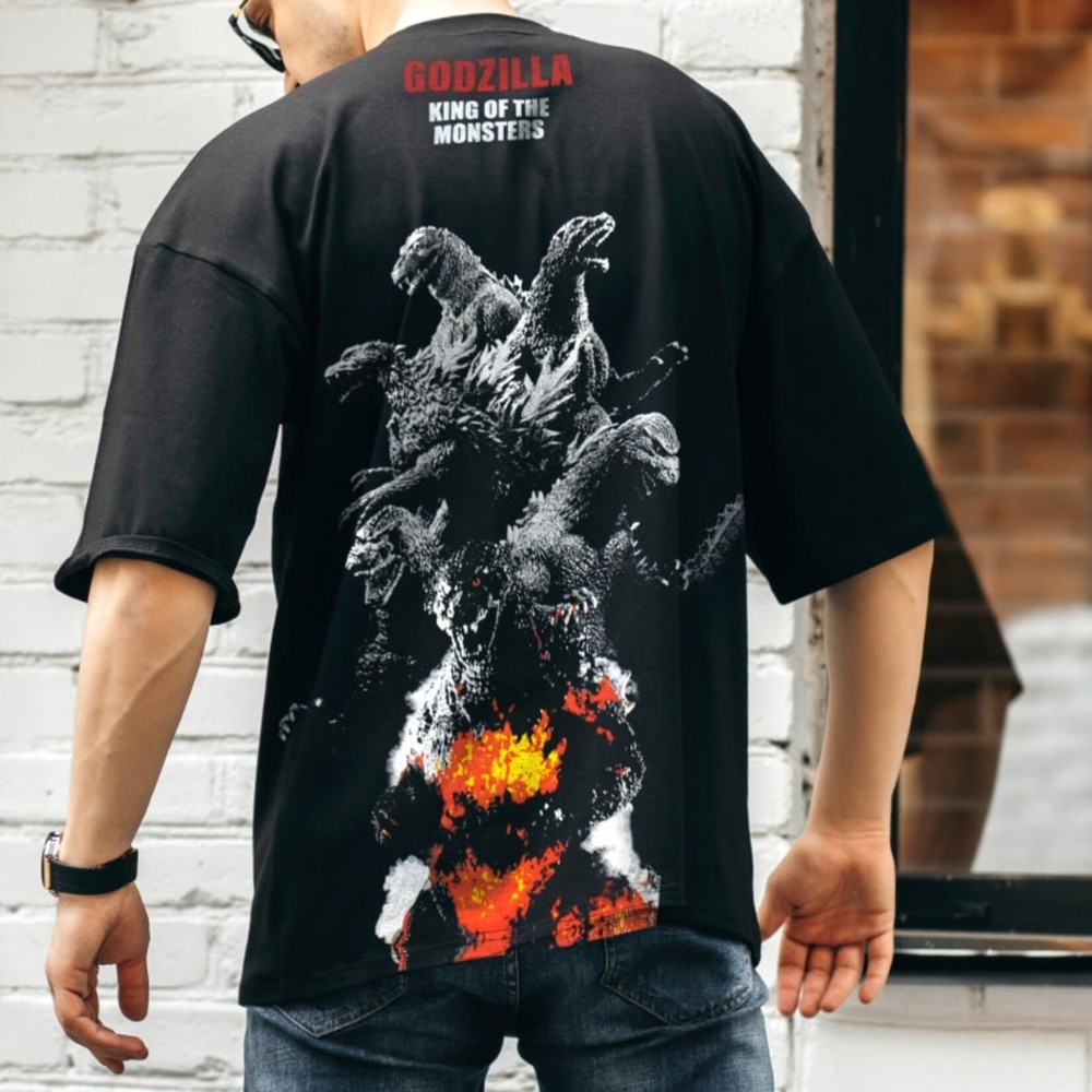 Godzilla Discharge Print T-shirt Evolutions, Black, XL